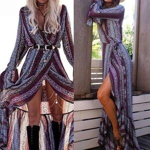 Le Salty Label Elegant Boho Maxi Wrap Dress Flare Sleeve Flounce Hem S